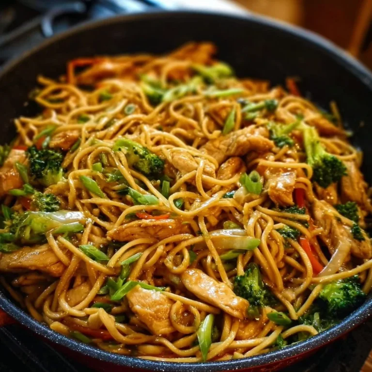 Gluten-free chicken lo mein dish garnished with vegetables and herbs