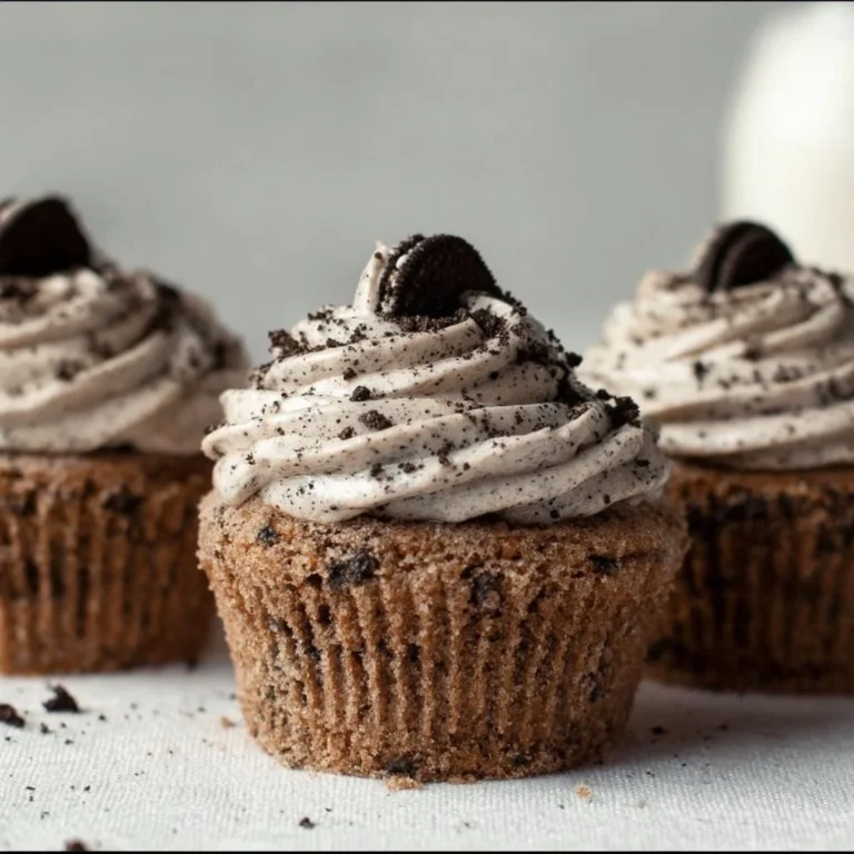 Gluten-free cookies and cream cupcakes topped with whipped cream and chocolate.