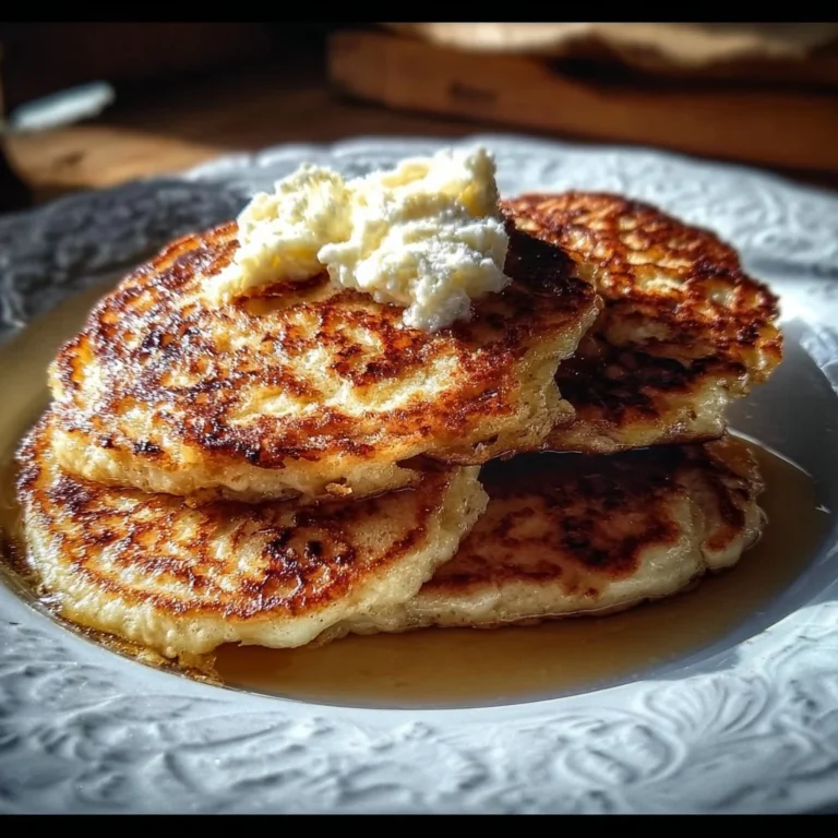 Fluffy gluten-free cottage cheese pancakes served with fruit and syrup.