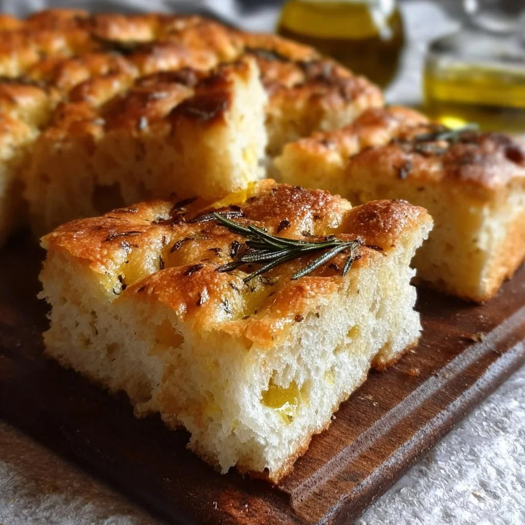 Slice of gluten-free focaccia bread topped with herbs and olive oil