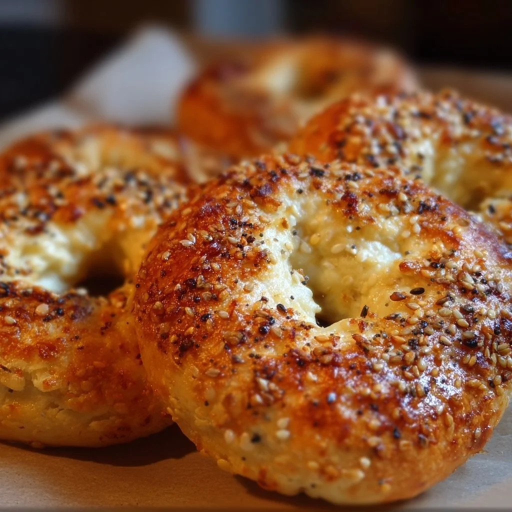 Freshly baked gluten-free Greek yogurt bagels on a wooden table