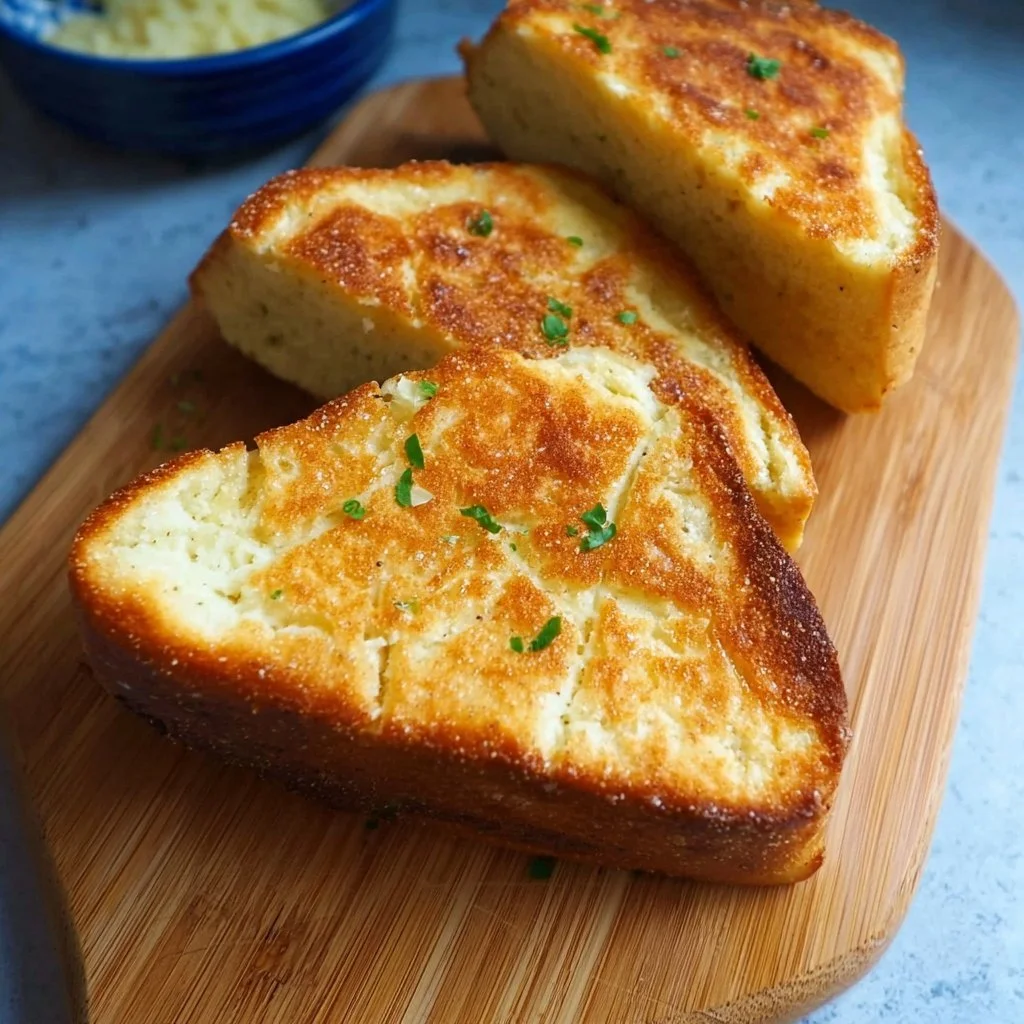 Gluten Free Irish Potato Bread sliced on a wooden board with fresh herbs