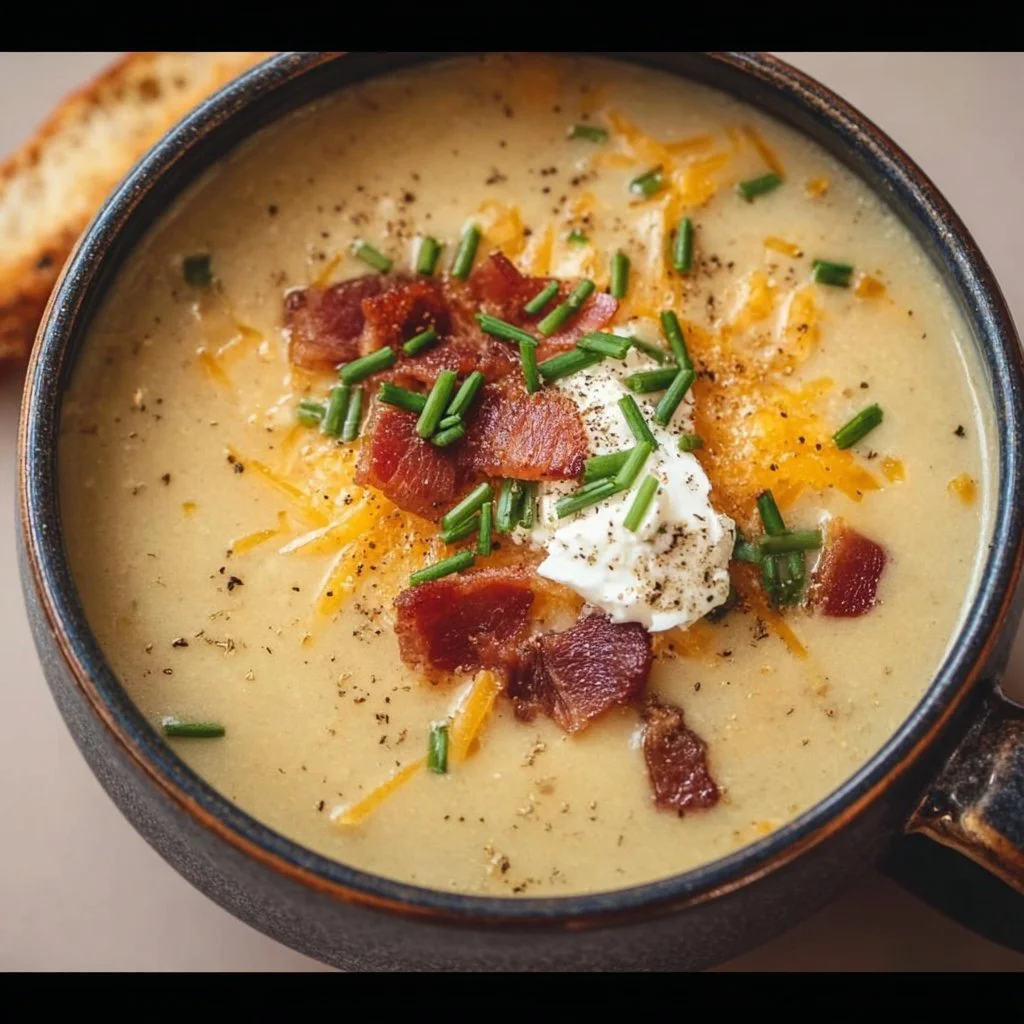 Bowl of creamy gluten-free potato soup with herbs and toppings.