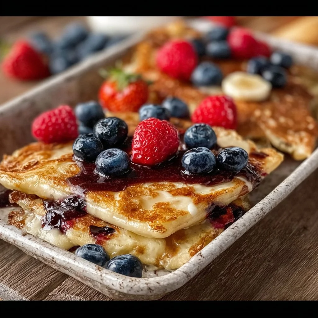 Gluten free sheet pan pancakes served with maple syrup and fresh berries.