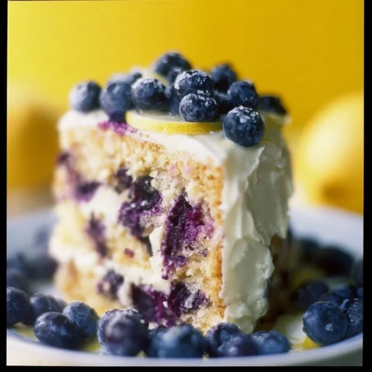 Slice of healthy lemon blueberry cake topped with fresh blueberries and lemon zest