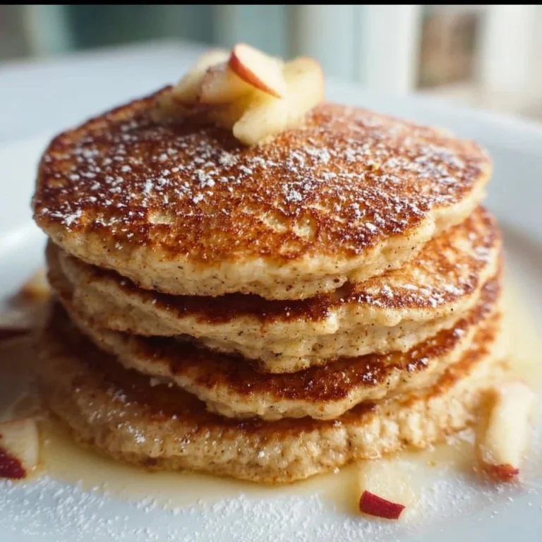 Healthy oatmeal apple pancakes stacked on a plate with fresh apples.
