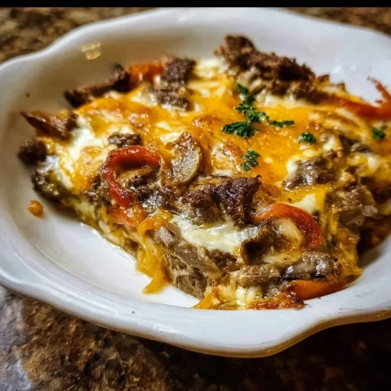Low Carb Philly Cheesesteak Casserole served in a baking dish