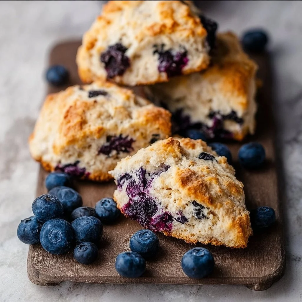 Moist gluten-free blueberry scones on a plate with fresh blueberries