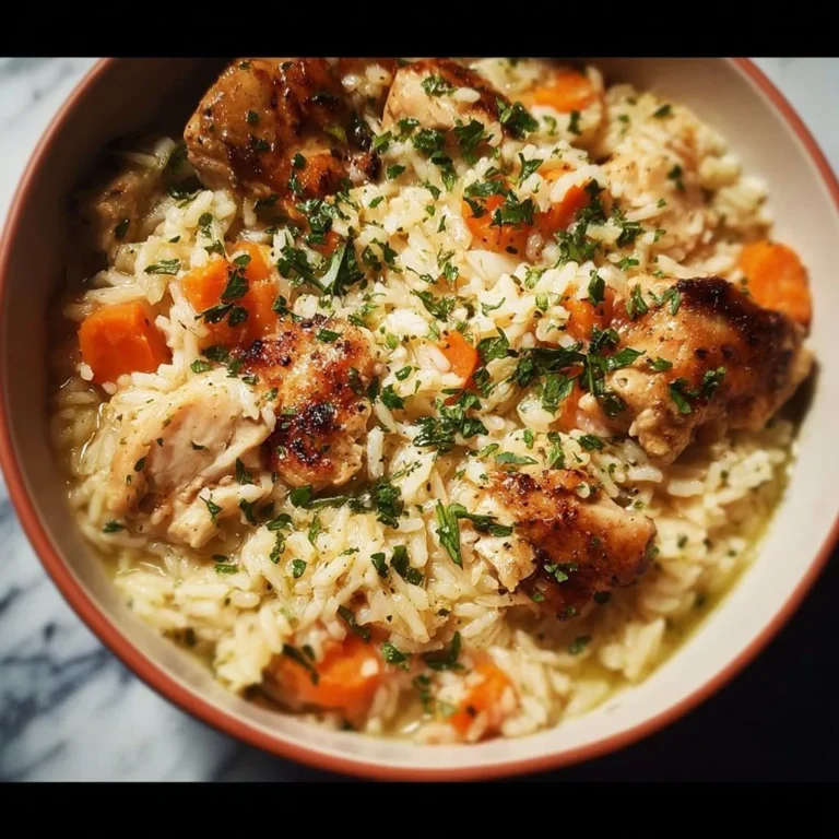 One-Pot Chicken & Rice dish garnished with herbs, ready to serve.
