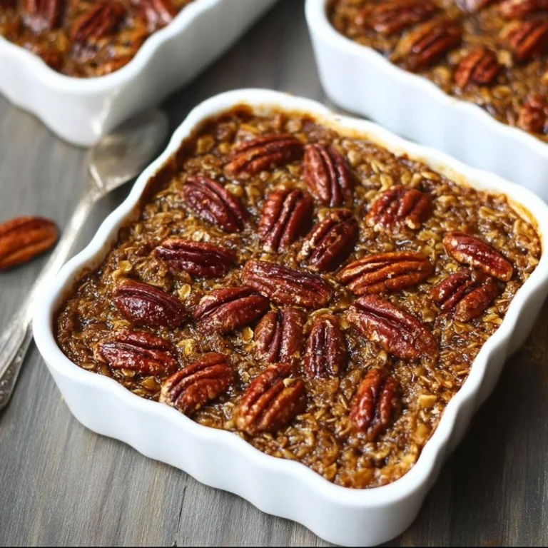 Pecan Pie Baked Oatmeal topped with pecans and syrup, perfect for breakfast or dessert
