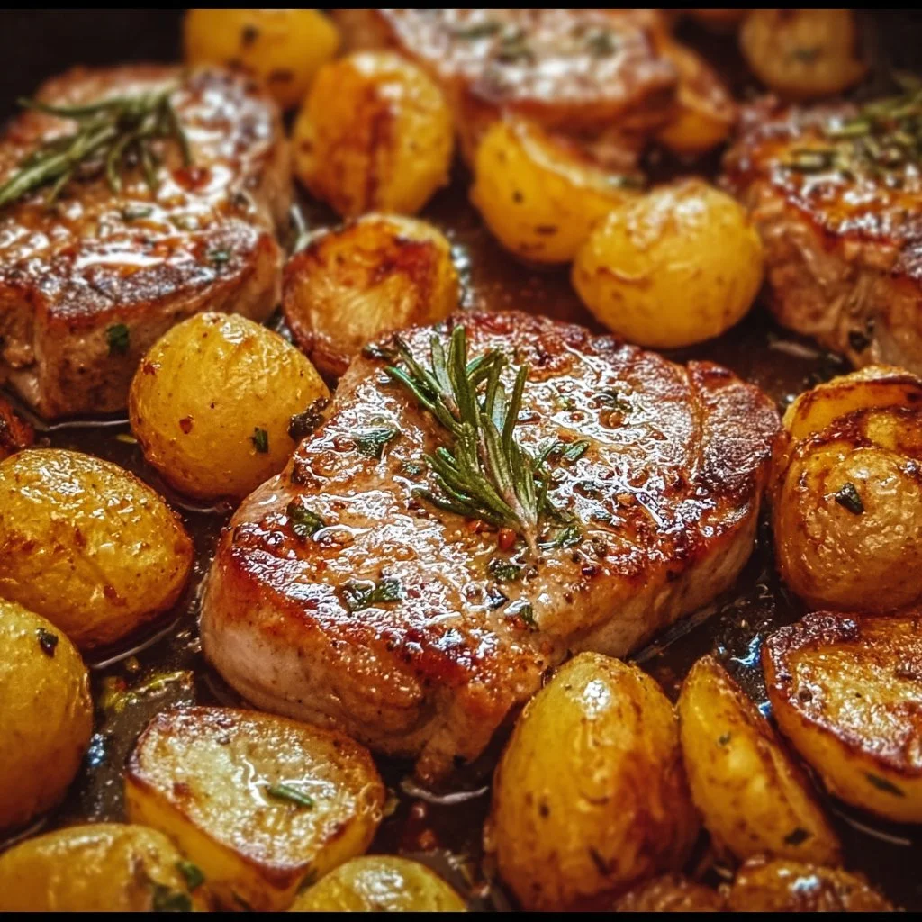 Sheet pan pork chops and potatoes baked to perfection for a quick dinner.