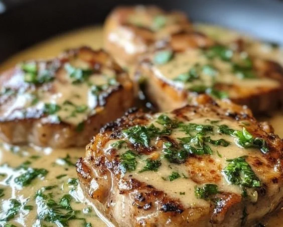 Smothered boneless pork chops cooked in creamy garlic sauce