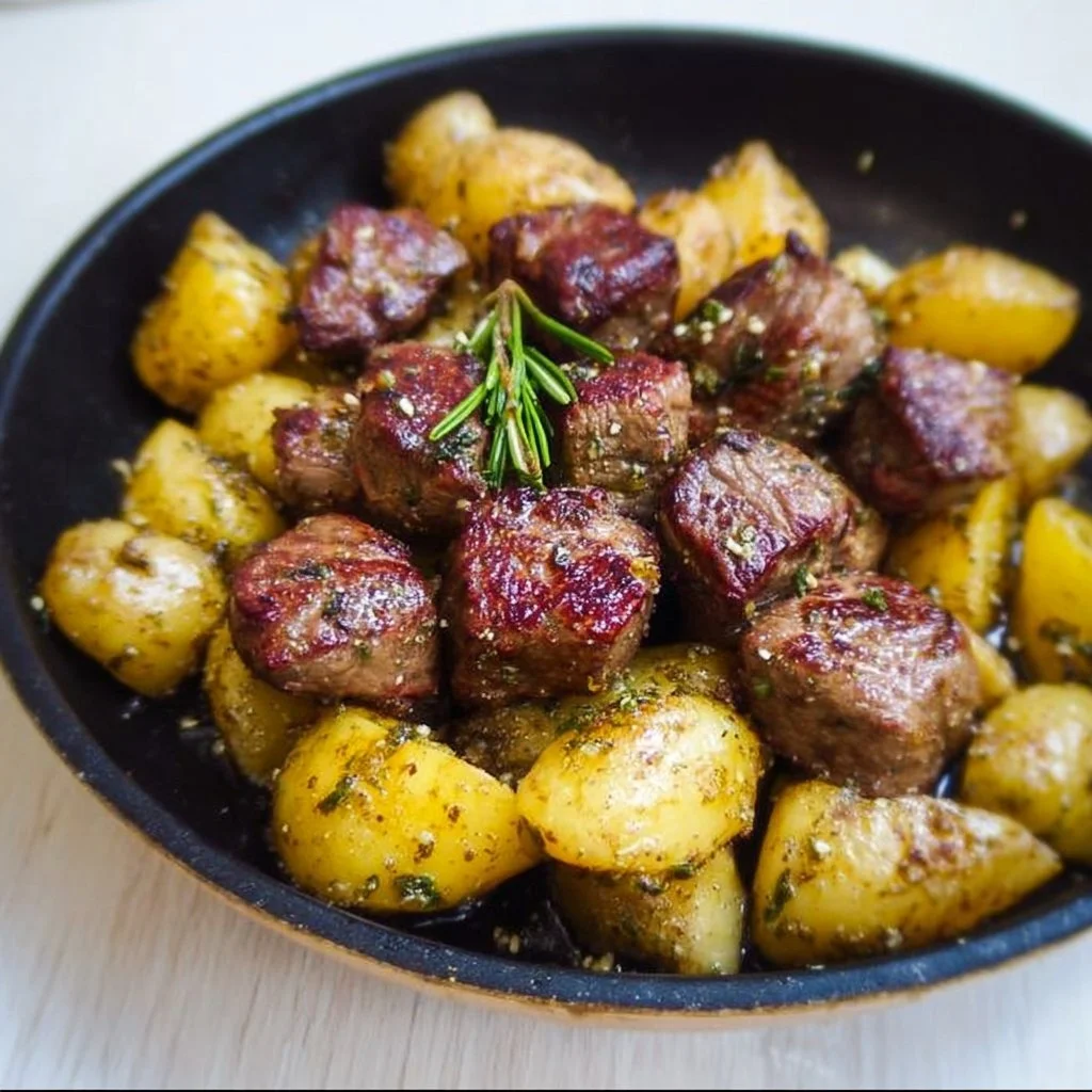 Delicious steak bites served with crispy potatoes on a plate
