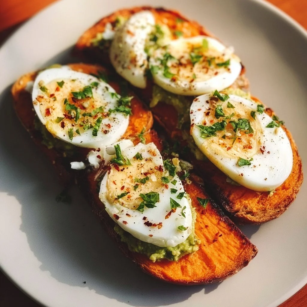 Colorful sweet potato toast topped with avocado and tomatoes