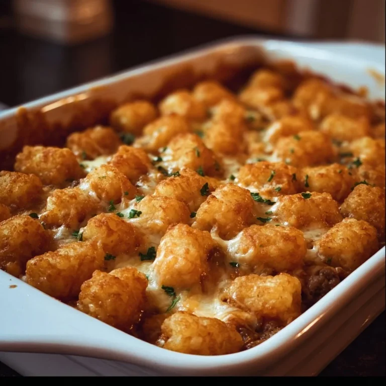 Delicious homemade tater tot casserole served in a baking dish