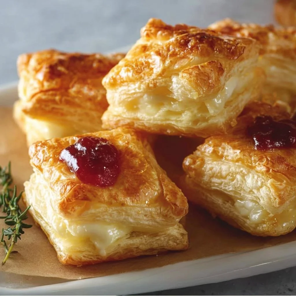 Blätterteig-Häppchen gefüllt mit Camembert und Brie, perfekt für Partys.