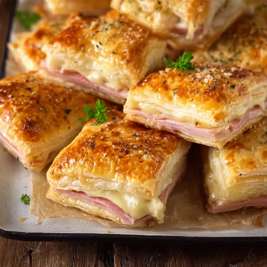 Blätterteigkissen gefüllt mit Schinken und Käse