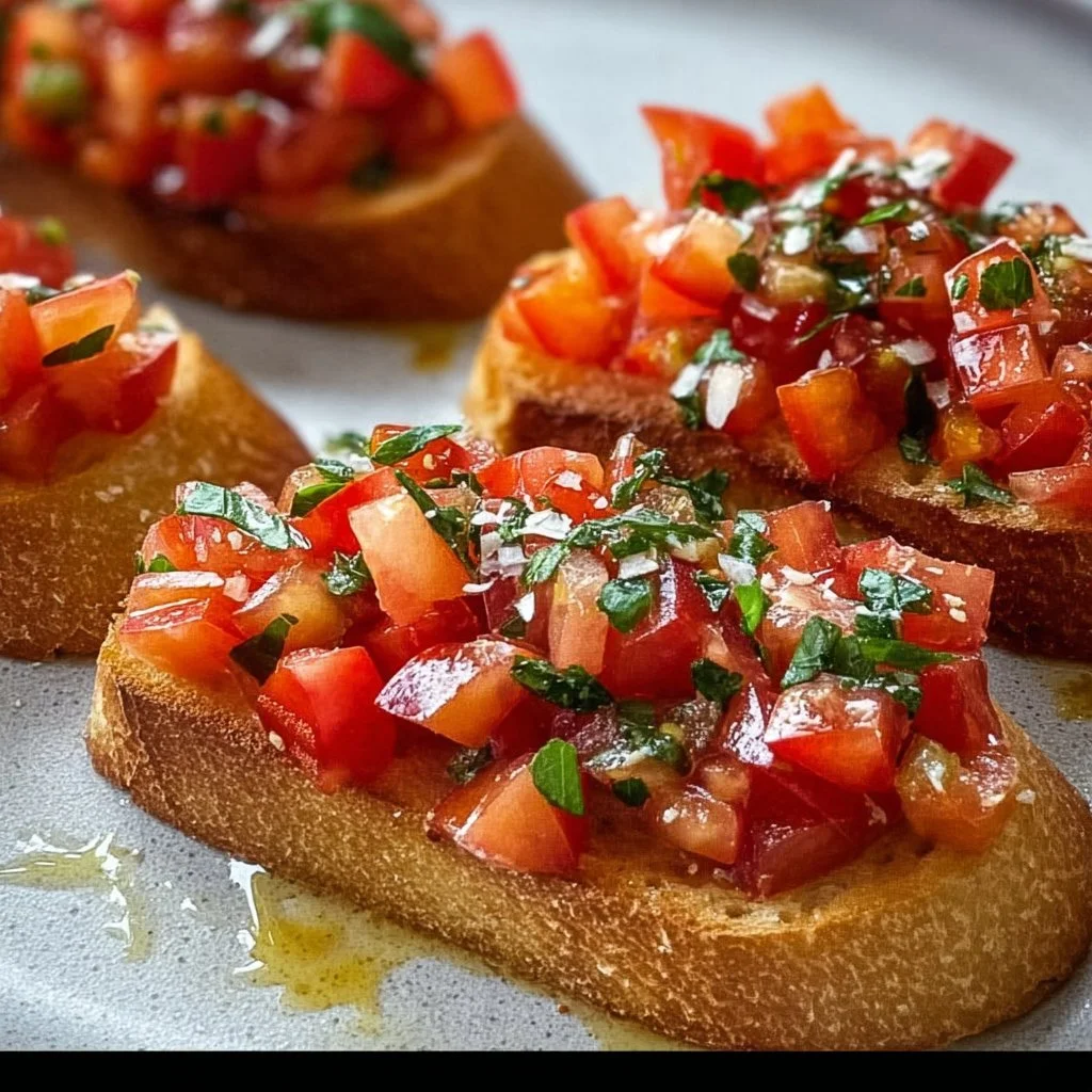 Bruschetta mit Tomaten und Knoblauchöl auf einer Holzplatte angerichtet