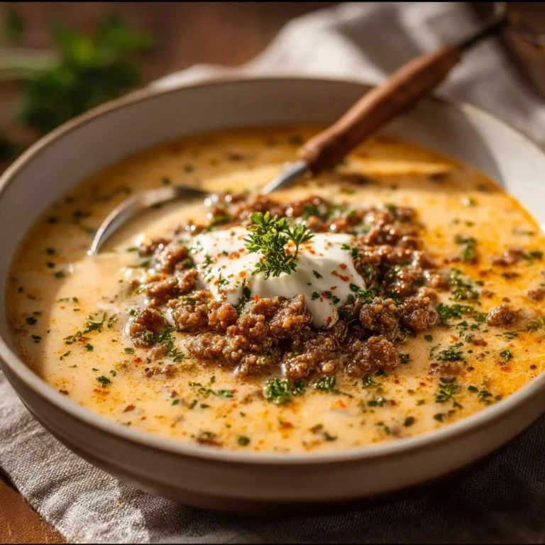 Cremige Käsesuppe mit Hackfleisch in einer Schüssel, liebevoll angerichtet.