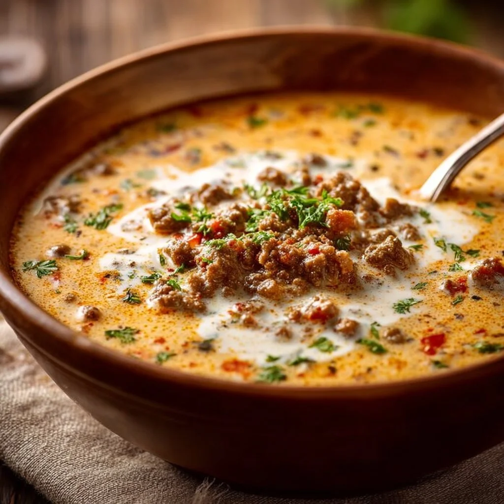Cremige Käsesuppe mit Hackfleisch