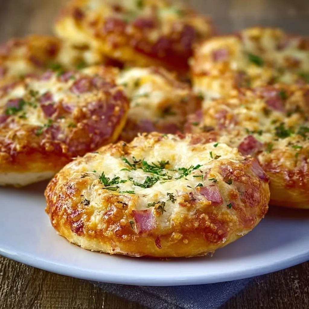 Leckere Flammkuchen Brötchen auf einem Holzbrett serviert.