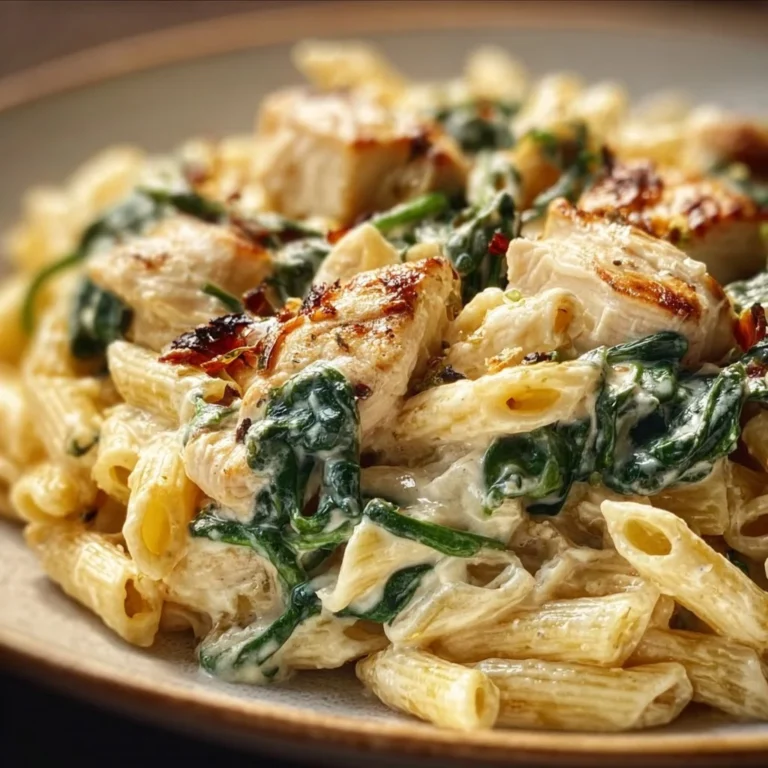 Eine leckere Portion Frischkäse Spinat Hähnchen Pasta auf einem Teller, garniert mit frischen Kräutern.