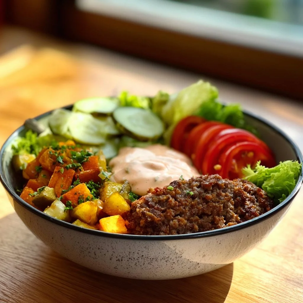 Gesunde Burger Schüssel mit frischen Zutaten und schmackhaften Belägen.