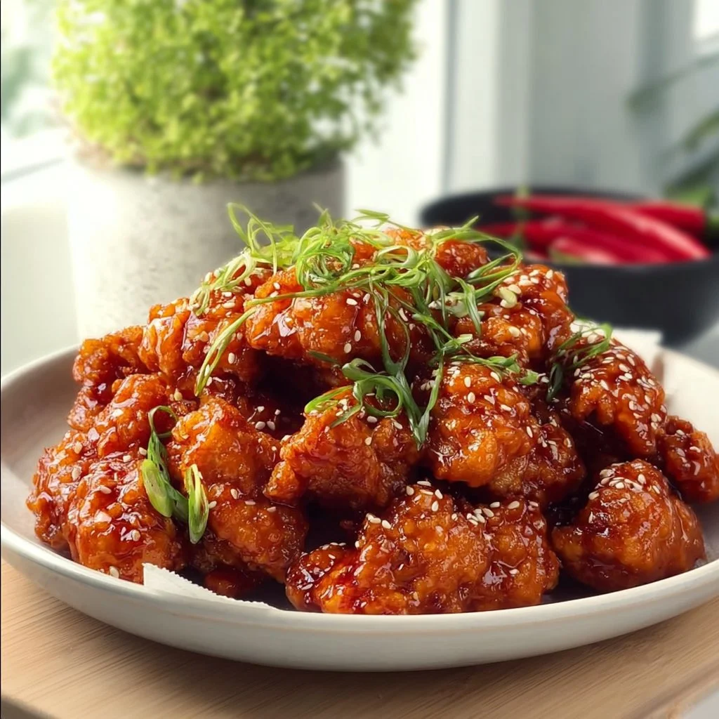 Gesundes koreanisches Fried Chicken auf einem Teller mit frischen Beilagen.