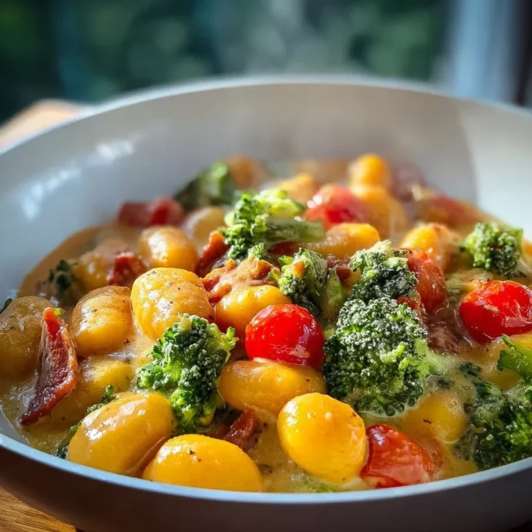 Gnocchi Pfanne mit Brokkoli, Tomaten und Pestorahm auf einem Teller serviert
