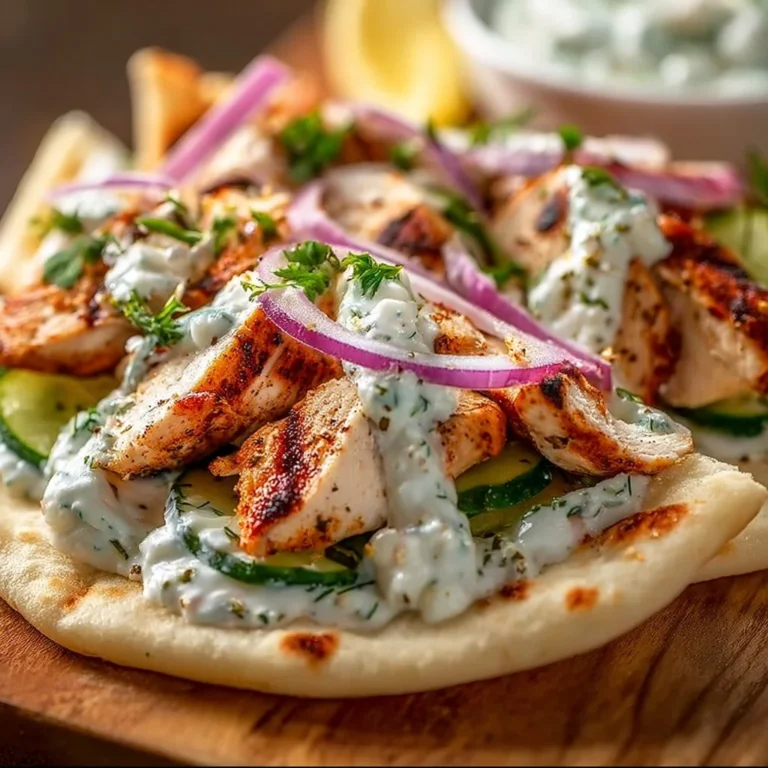Griechisches Fladenbrot mit Hähnchen und hausgemachtem Tzatziki serviert auf einem Teller