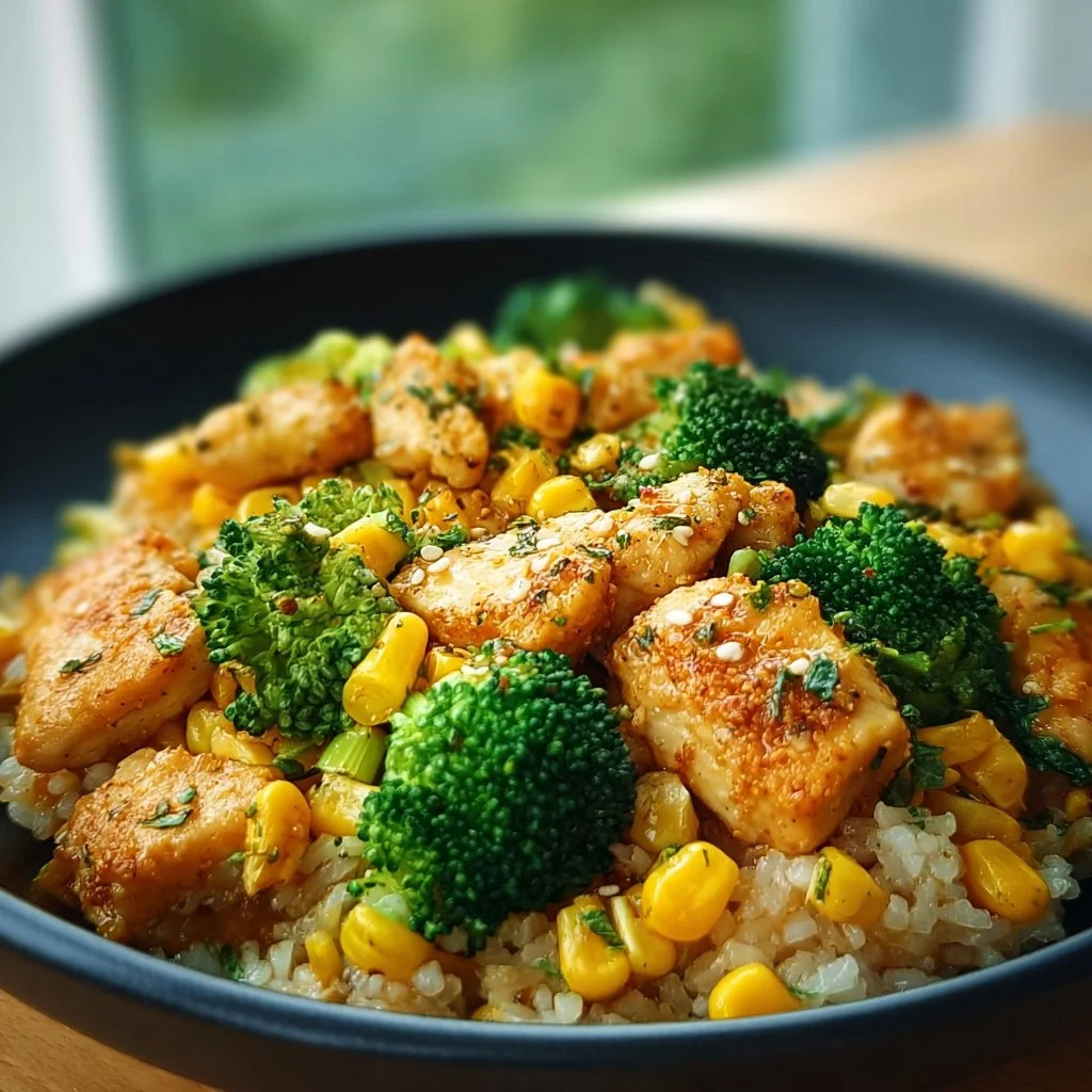 Hähnchen-Reis-Pfanne mit Brokkoli und Mais auf einem Teller serviert.
