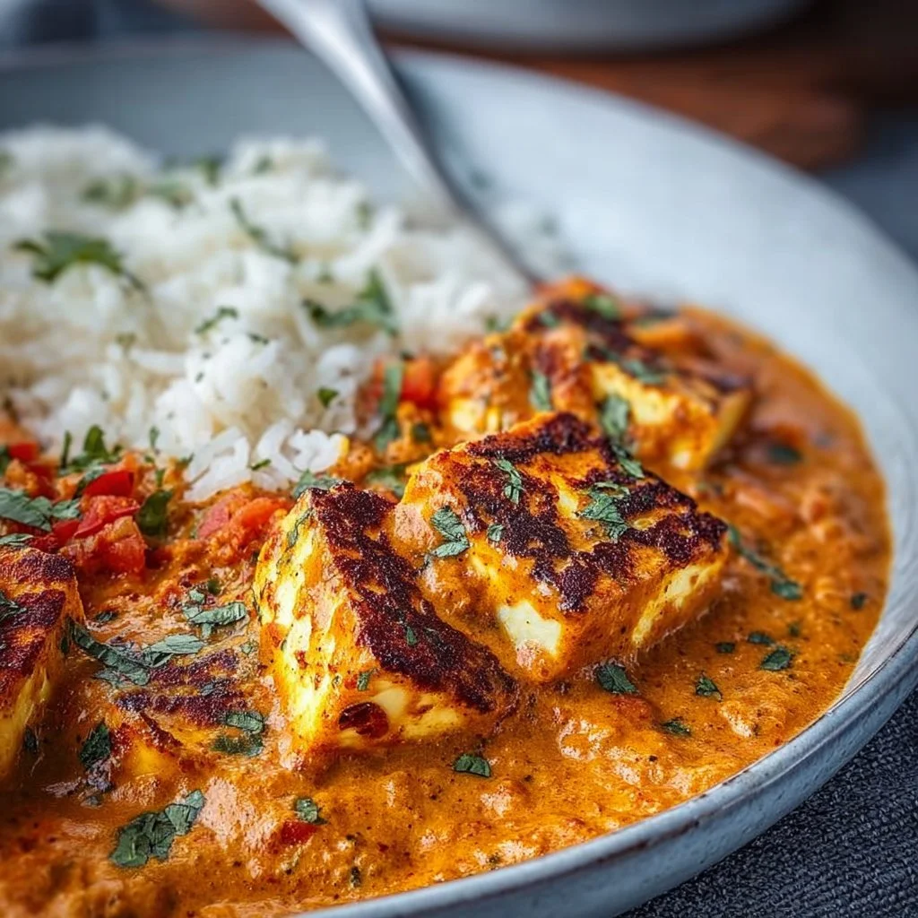 Halloumi Tikka Masala Gericht auf einem Teller mit Basmati-Reis und Gewürzen