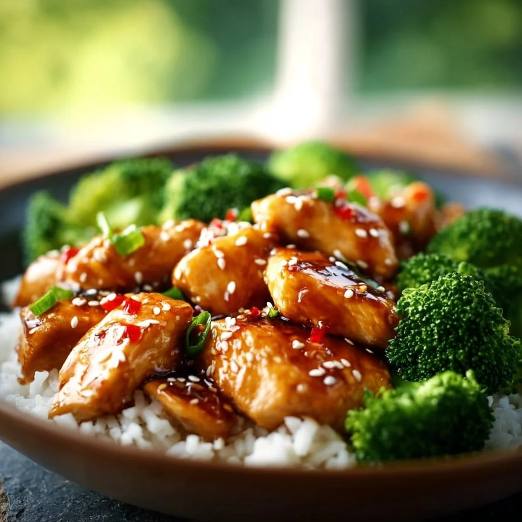 Hühnchen Teriyaki mit Brokkoli und Reis auf einem Teller serviert