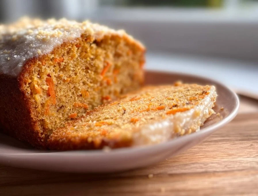 Karotten-Bananen-Kuchen auf einem Teller, serviert mit frischen Früchten.