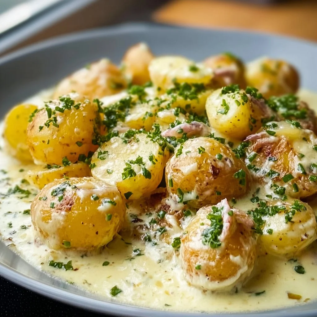 Kartoffeln in Knoblauch-Sahnesauce auf einem Teller serviert