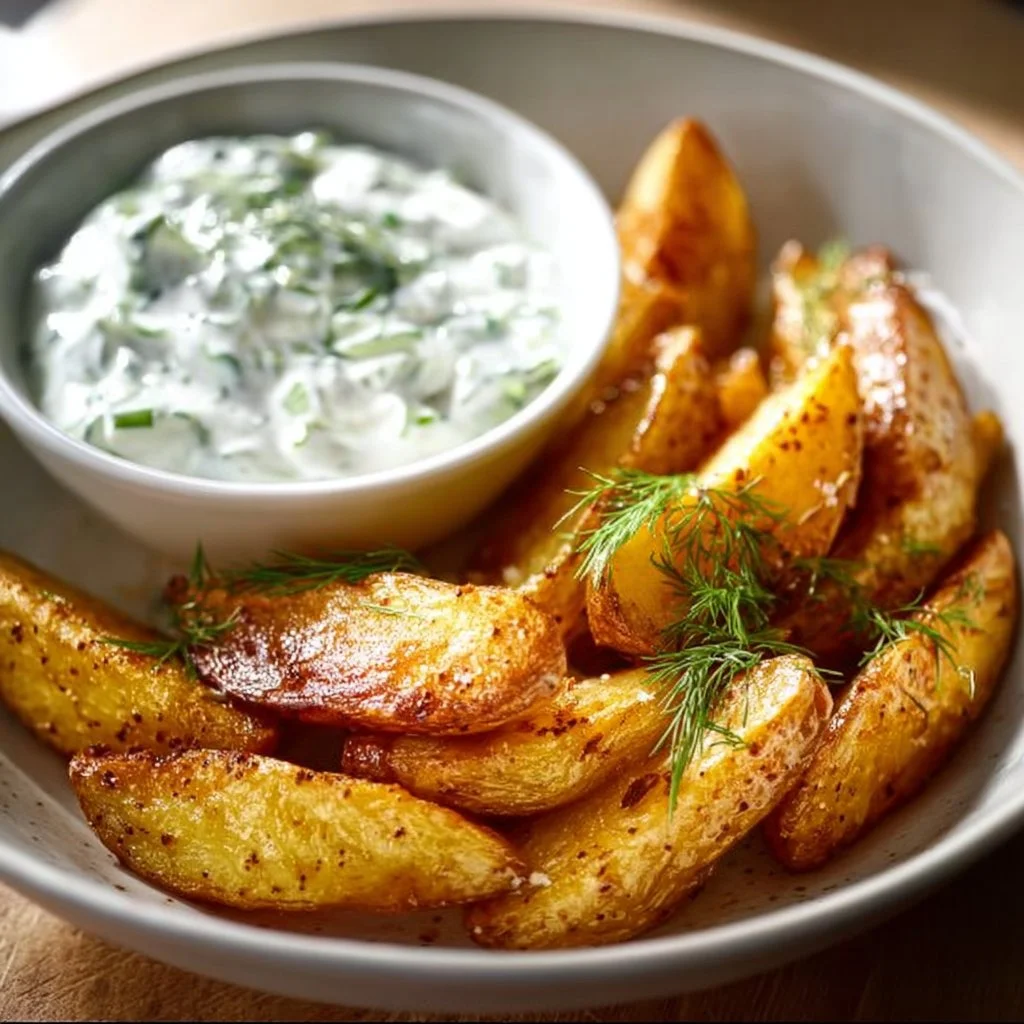 Kartoffelspalten mit Gurkendip auf einem Teller serviert