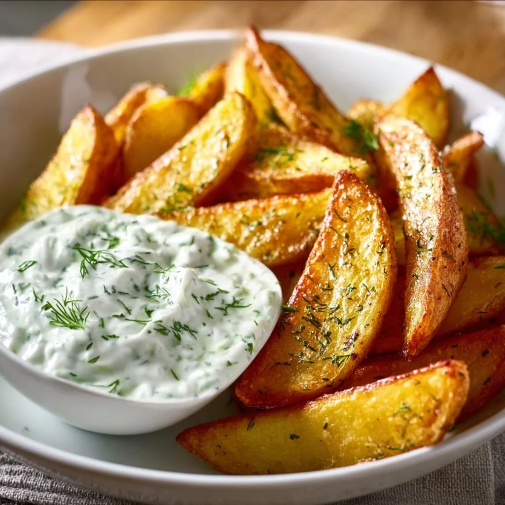 Kartoffelspalten mit Gurkendip