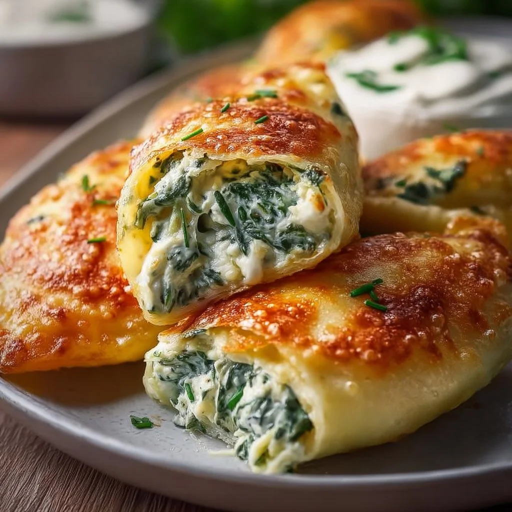 Kartoffeltaschen mit Spinat-Frischkäse-Füllung auf einem Teller serviert.