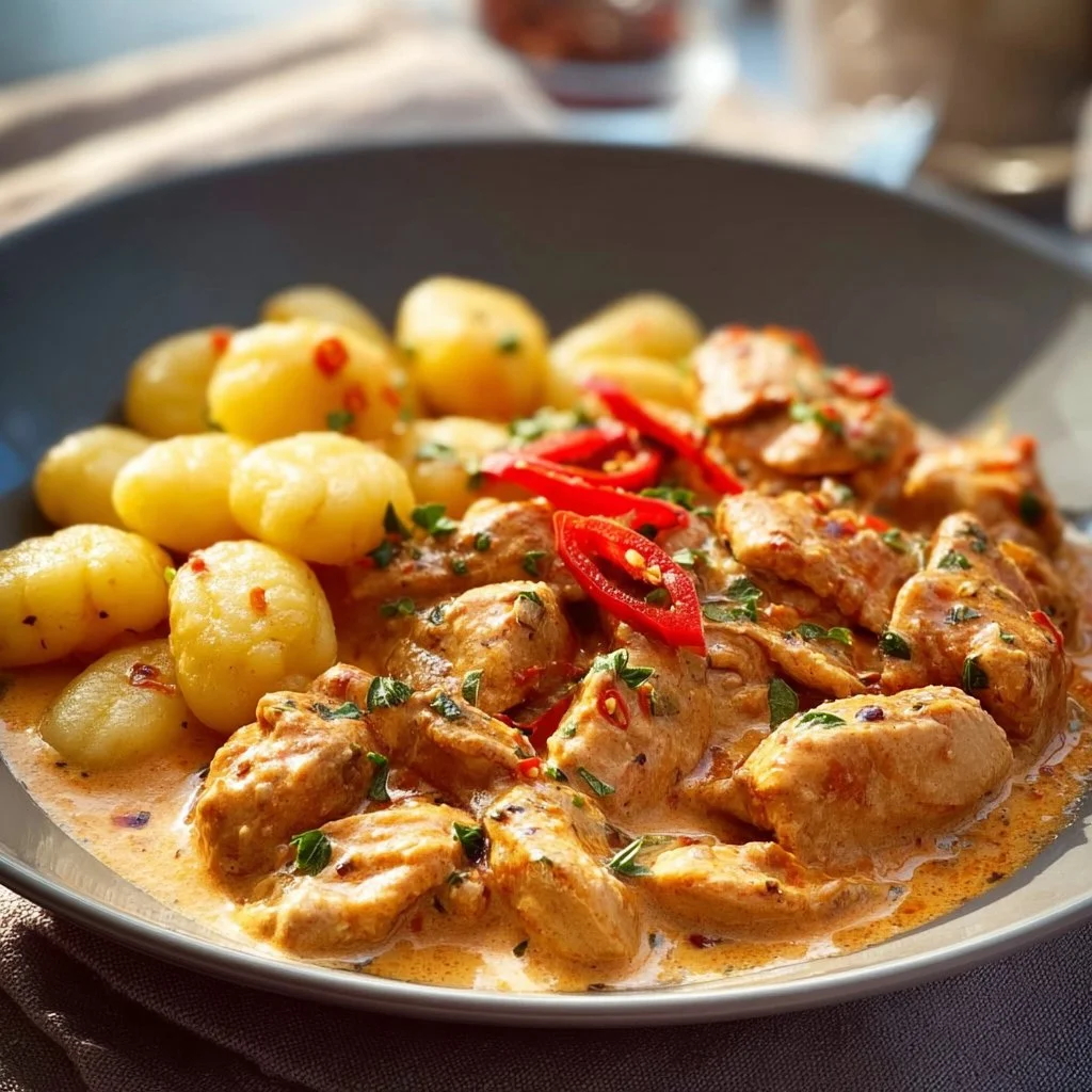 Paprika-Sahne-Hähnchen serviert mit Gnocchi auf einem Teller