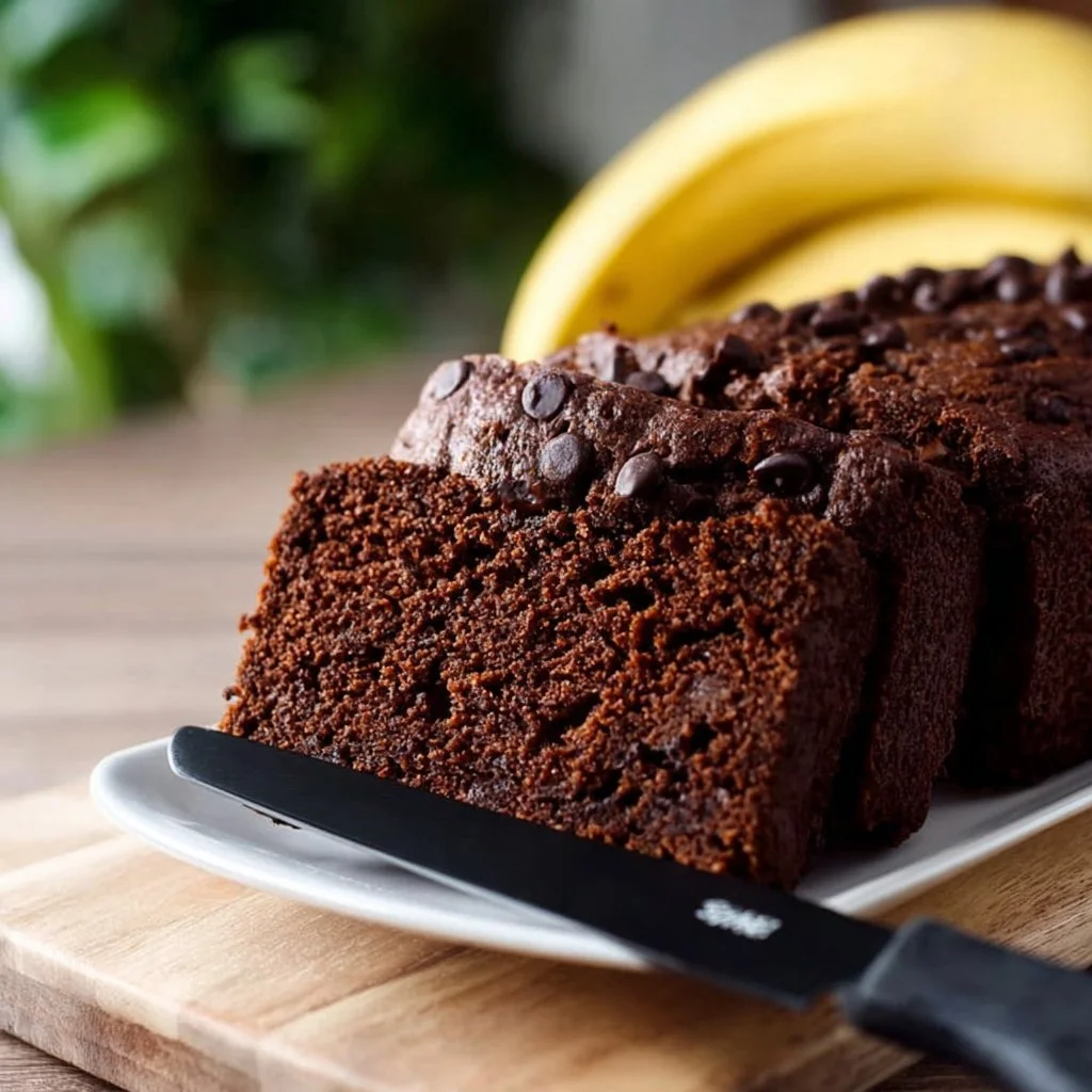 Schoko-Bananenbrot mit Schokoladenglasur auf einem Holzbrett