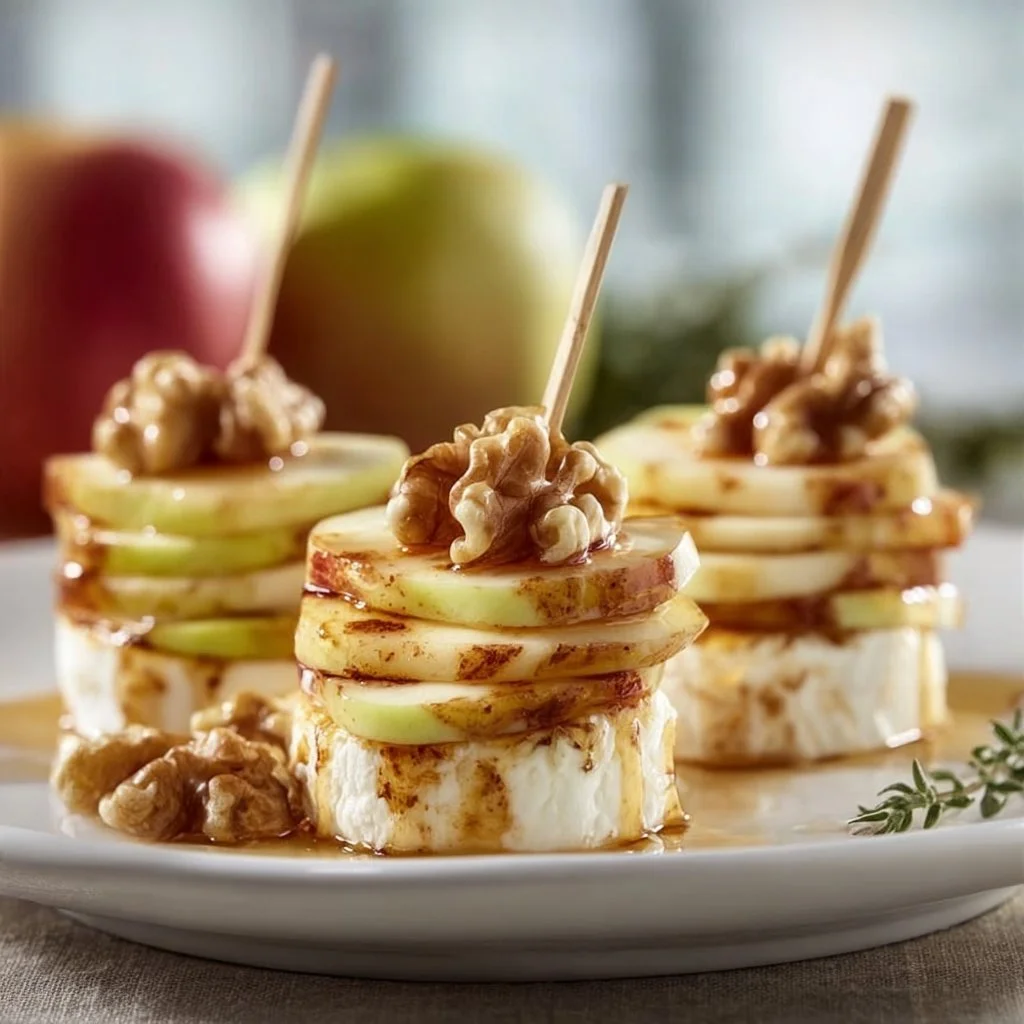 Apfel-Camembert-Spieße mit Walnüssen auf einem Holzbrett angerichtet