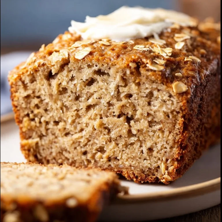Bananenbrot mit Haferflocken und Joghurt auf einem Holzbrett serviert.