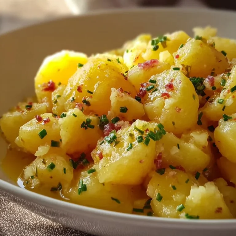 Bayrischer Kartoffelsalat mit Brühe, Essig und Öl in einer Schale serviert