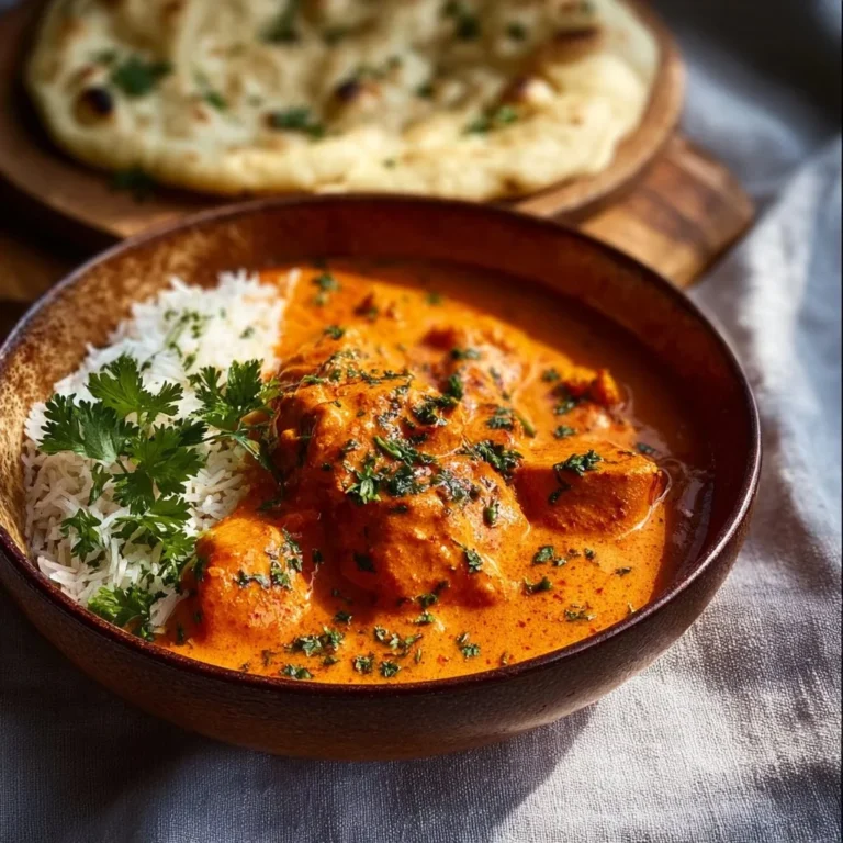 Ein köstliches Butter Chicken mit Reis und Gewürzen auf einem Teller