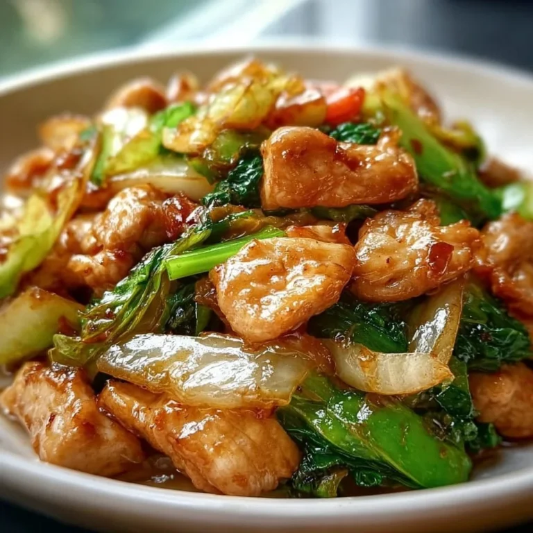 Chinesische Hähnchenpfanne mit Spitzkohl und Zwiebel auf einem Teller