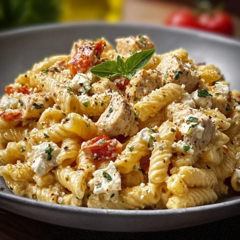 Cremige Hühnchen-Feta-Pasta mit frischen Zutaten serviert