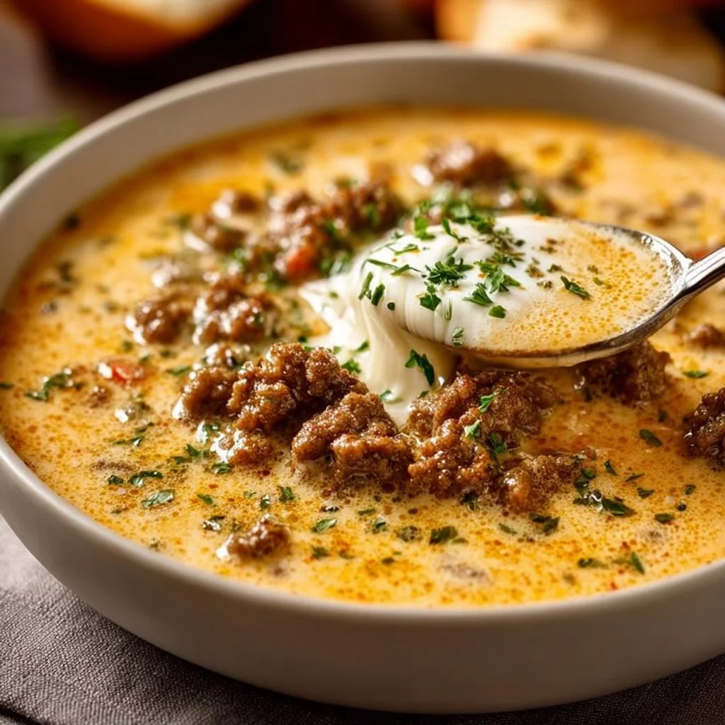 Cremige Käsesuppe mit Hackfleisch in einer Schüssel serviert