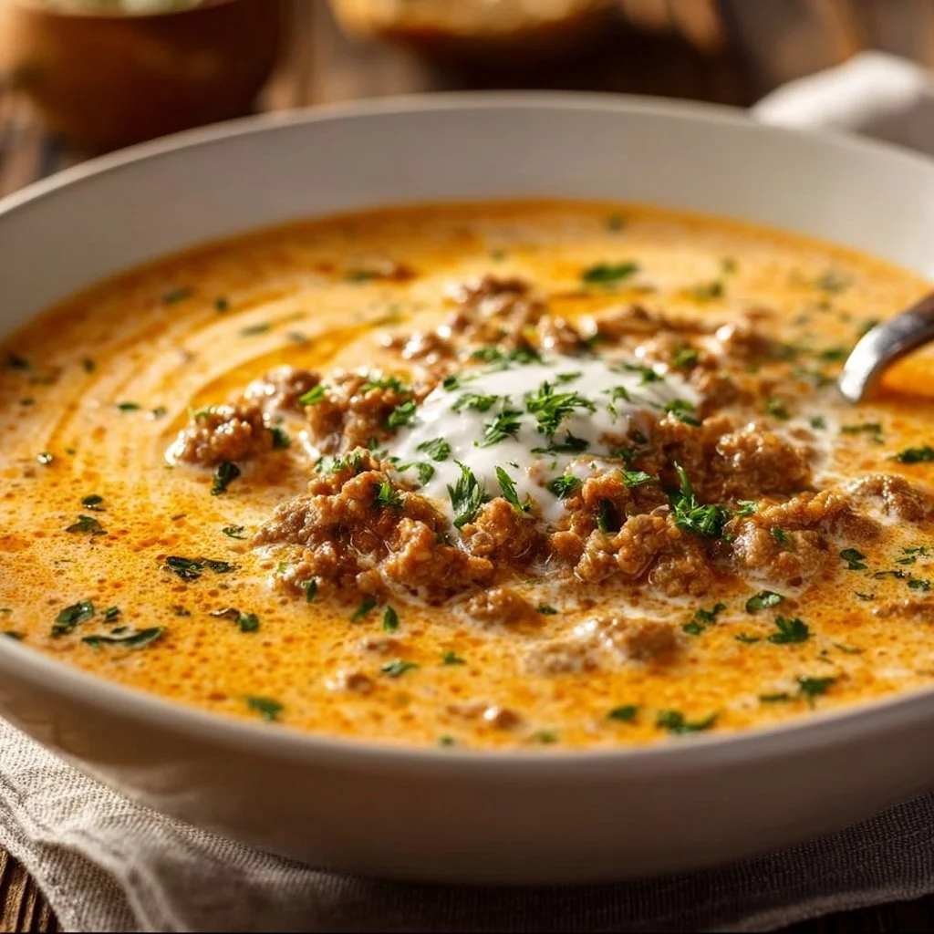 Cremige Käsesuppe mit Hackfleisch