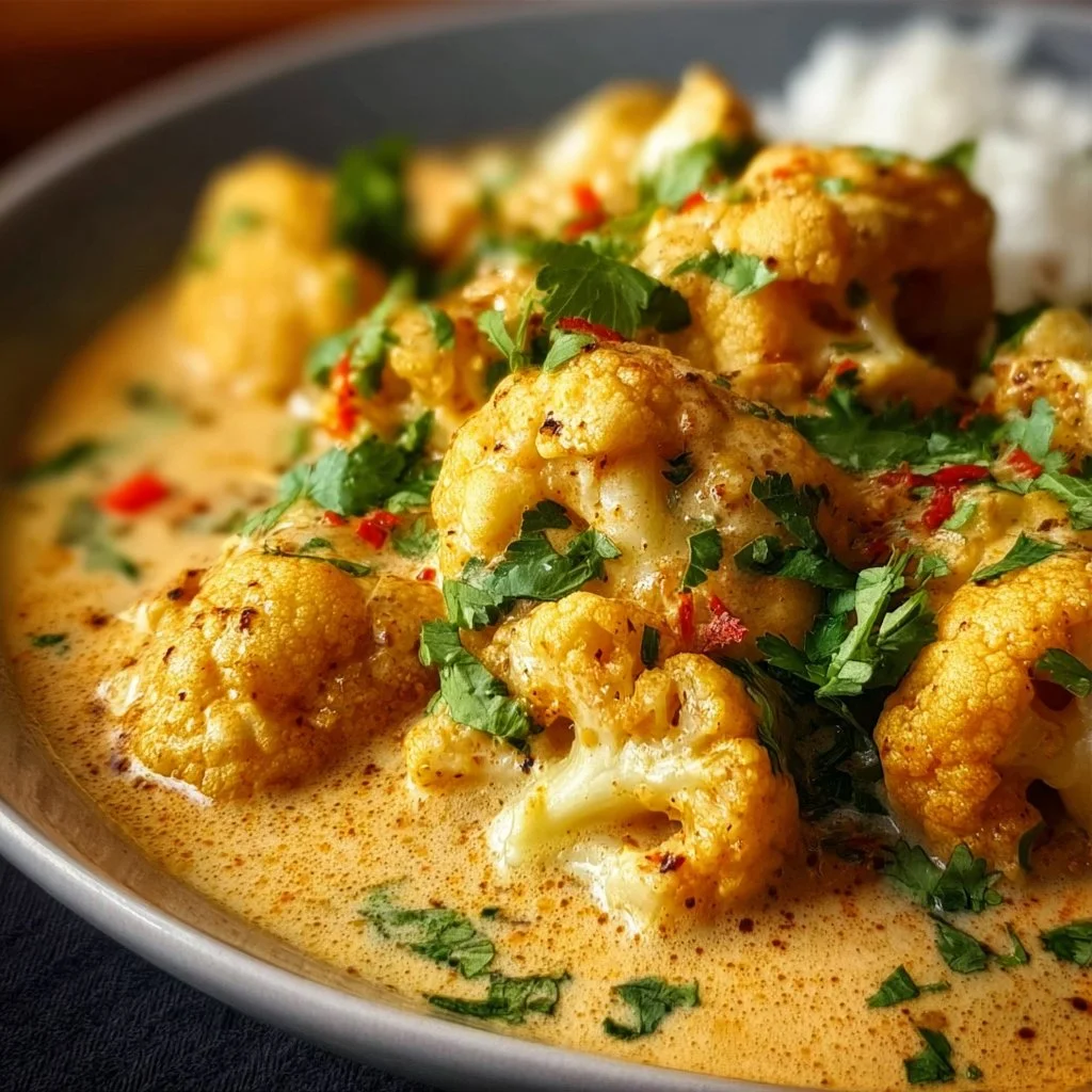 Cremiger Blumenkohl-Curry aus dem Backofen in einer Schüssel serviert
