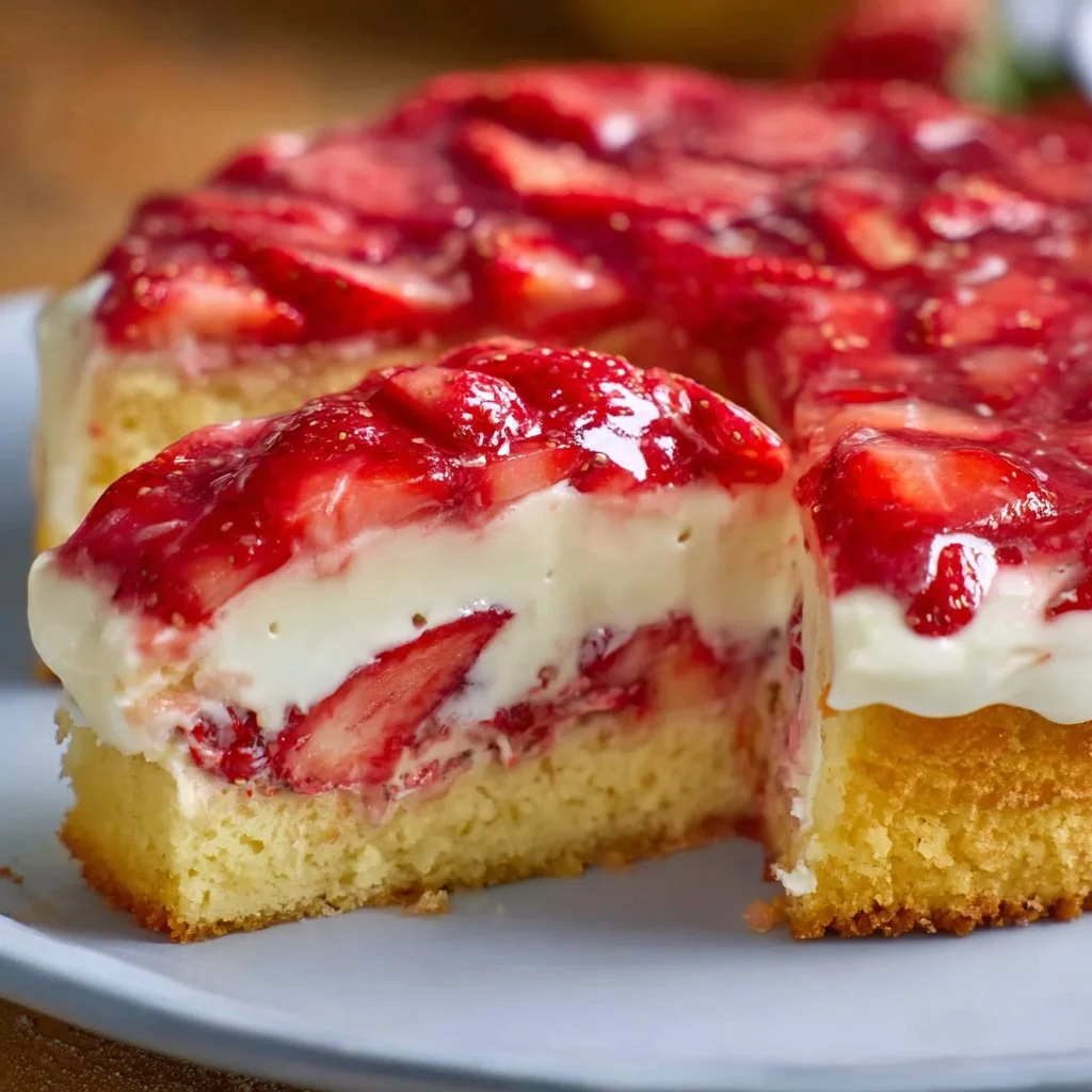 Cremiger Erdbeer-Schmandkuchen mit Vanillepudding auf einem weißen Teller